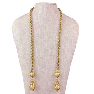 Monet Womens Gold Tone Metal Lariat Necklace Filigree Ball Vintage 1960s Design